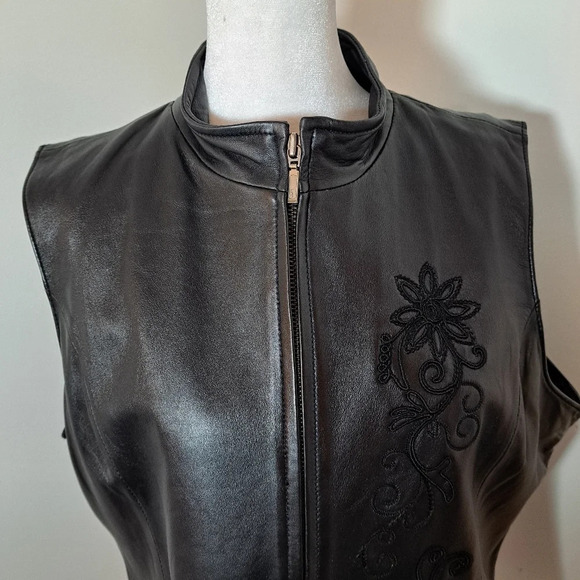 Genuine Black Leather Womens Zip Up Embroidered Vest Jacket Coldwater Size Large - Picture 7 of 8